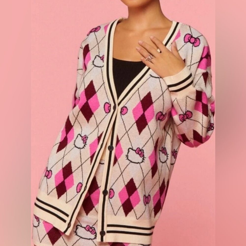 Hello Kitty X 21 Forever Argyle Cardigan Sweater - Pink/White/Cream Size Large